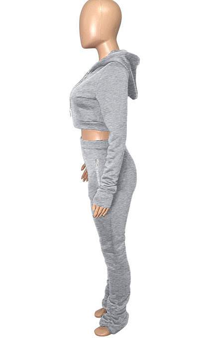 Pink Euramerican Velvet Hoodie Long Sleeve Zipper Pure Color Ruffle Pants Sets Q992-1