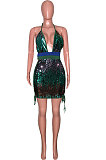 Rose Red Sexy Sequins Backless Contrast Color Condole Blet Bandage Deep V Collar Mini Dress SN390072-1