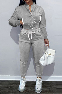 Grey Casual Preppy Velvet Long Sleeve Single-Breasted Jacket Jogger Pants Baseballs Suit TK6206-5