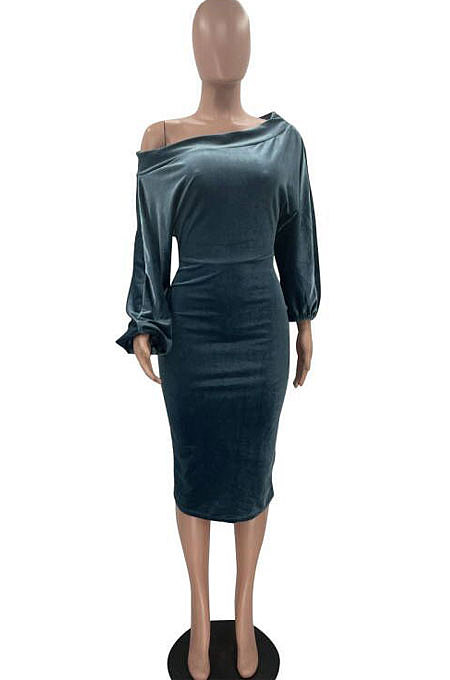 Peacock Blue Women's Velvet A Word Shoulder Solid Color Bodycon Midi Dress MF6660-7