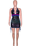 Blue Sexy Sequins Backless Contrast Color Condole Blet Bandage Deep V Collar Mini Dress SN390072-3