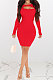 Red Women Autumn Long Sleeve Hollow Out Ribber Bodycon Mini Dress Q985-3
