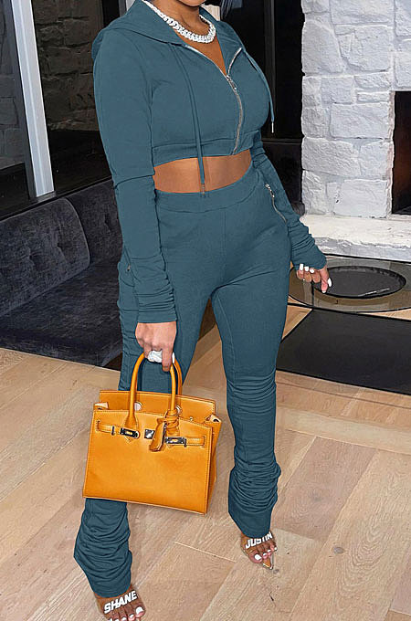 Navy Blue Euramerican Velvet Hoodie Long Sleeve Zipper Pure Color Ruffle Pants Sets Q992-7