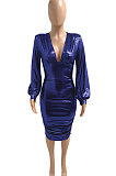Purple Euramerican V Collar Glitter Club Bodycon Hip Sexy Midi Dress Q991-3