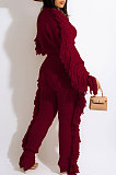 Apricot Fashion Kintting Long Sleeve Round Neck Crop Tops Trousers Cute Tassel Suit TRS1186-4