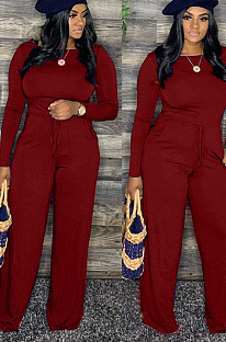 Wine Red Cotton Blend Women's Long Sleeve Round Neck Plain Wide Leg Jumpsuits MMS5059-1