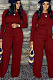 Wine Red Cotton Blend Women's Long Sleeve Round Neck Plain Wide Leg Jumpsuits MMS5059-1