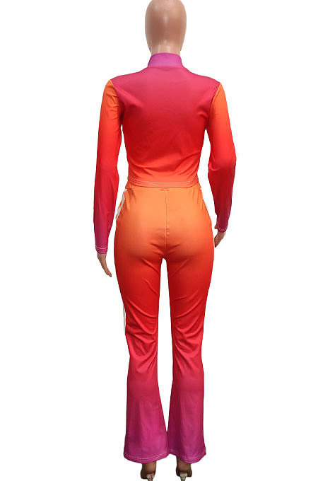 Rose Red Orange Gradient Casual Stand Collar Side Stripe Spliced Long Sleeve Pants Sets SN390205-1