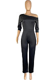 White Modest Simple Pure Color Oblique Shoulder Wide Leg Jumpsuits LWW9327-2