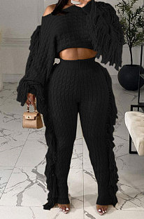 Black Fashion Kintting Long Sleeve Round Neck Crop Tops Trousers Cute Tassel Suit TRS1186-1
