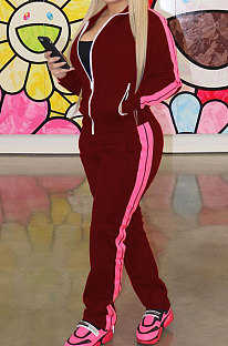 Wine Red Wholesale New Spliced Zipper Long Sleeve Coat Trousers Sport Sets SM9219-2