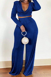 Blue Sexy Velvet Ruffle V Neck Back Bandange Tops Wide Leg Pants Plain Suit LWW9328-2