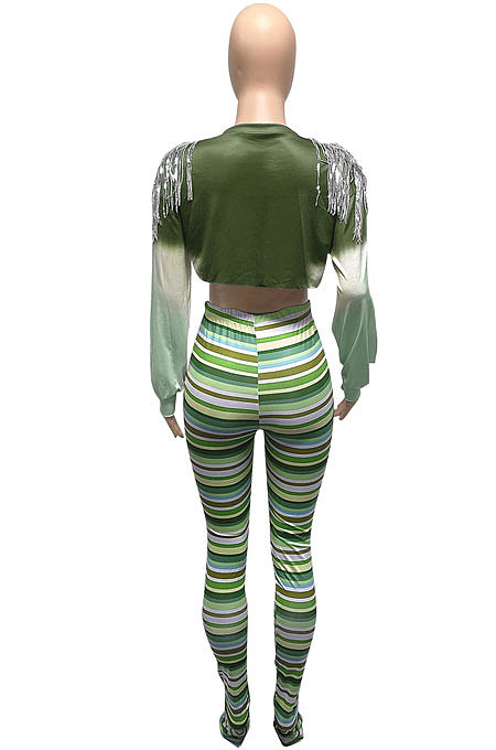 Green Autumn Tie Dye Printing Tassel Sequins Dew Waist Top Bodycon Pants Sets Q986-2