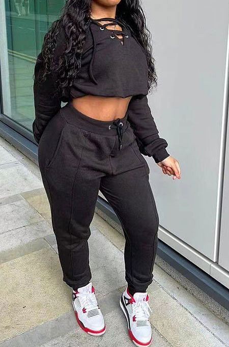 Black Casual Preppy Long Sleeve V Neck Bandage Tops Jogger Pants Solid Color Suit SYY8072-2