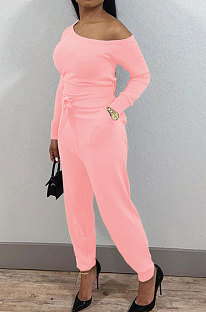 Pink Modest Hypotenuse Neckline With Beltband Collect Waist Solid Color Jumpsuits SM9218-2