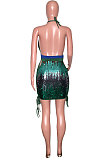 Rose Red Sexy Sequins Backless Contrast Color Condole Blet Bandage Deep V Collar Mini Dress SN390072-1