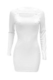 White Women Autumn Long Sleeve Hollow Out Ribber Bodycon Mini Dress Q985-1