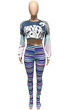 Blue Autumn Tie Dye Printing Tassel Sequins Dew Waist Top Bodycon Pants Sets Q986-3