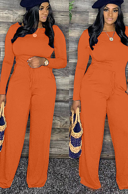 Wine Red Cotton Blend Women's Long Sleeve Round Neck Plain Wide Leg Jumpsuits MMS5059-1