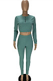 Cyan Green Simple New Ribber Long Sleeve Zipper Tops Skinny Pants Slim Fitting Suit WJ5229-1