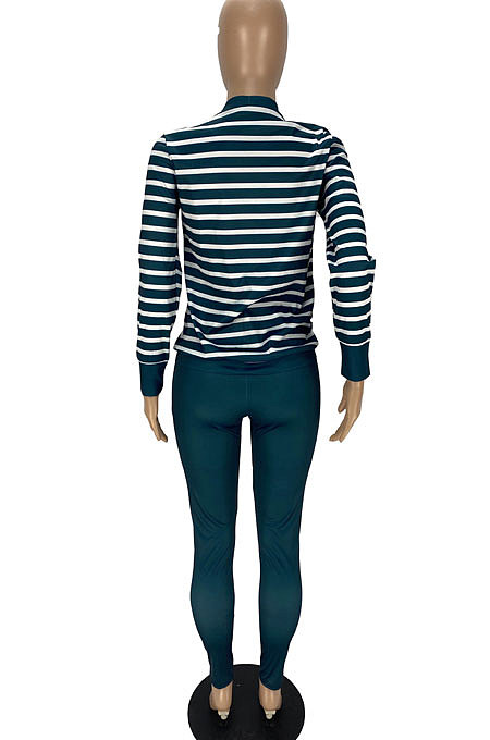 Dark Green Fashion Striple Single-Breasted Cardigan Pencil Pants Casual Two-Piece WJ5230-2