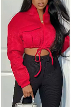 Crop Drawstring Zip Jacket in Red