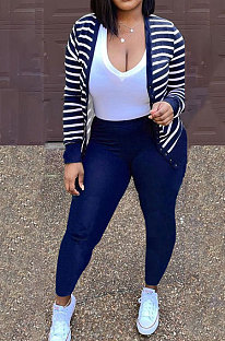 Royal Blue Fashion Striple Single-Breasted Cardigan Pencil Pants Casual Two-Piece WJ5230-3