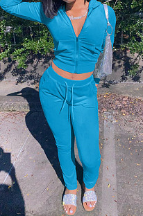 Blue Sport Casual Velvet Long Sleeve Hoodie Pencil Pants Plain Suit NYZ6036-2