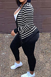 Black Fashion Striple Single-Breasted Cardigan Pencil Pants Casual Two-Piece WJ5230-1