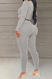 Grey Simple New Ribber Long Sleeve Zipper Tops Skinny Pants Slim Fitting Suit WJ5229-3
