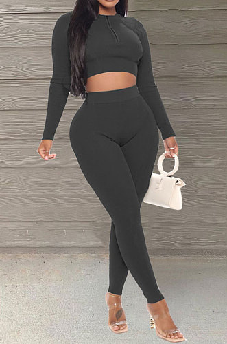 Black Simple New Ribber Long Sleeve Zipper Tops Skinny Pants Slim Fitting Suit WJ5229-2