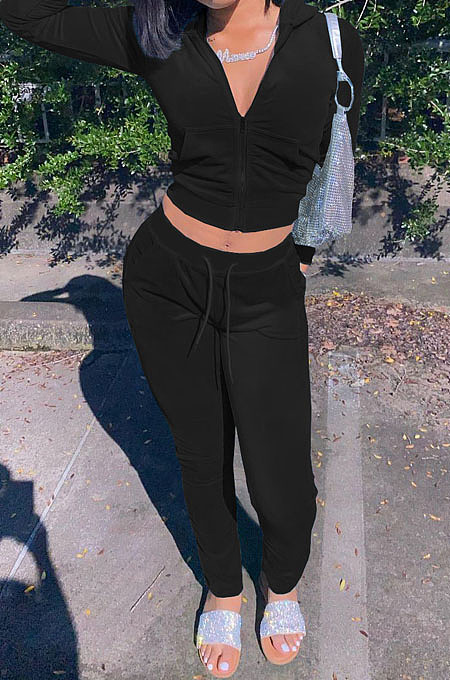 Black Sport Casual Velvet Long Sleeve Hoodie Pencil Pants Plain Suit NYZ6036-3