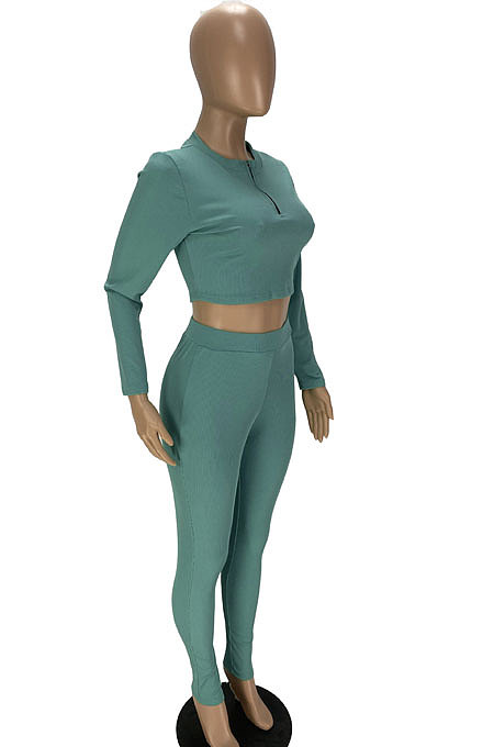 Black Simple New Ribber Long Sleeve Zipper Tops Skinny Pants Slim Fitting Suit WJ5229-2