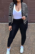 Black Fashion Striple Single-Breasted Cardigan Pencil Pants Casual Two-Piece WJ5230-1