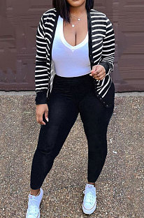 Black Fashion Striple Single-Breasted Cardigan Pencil Pants Casual Two-Piece WJ5230-1