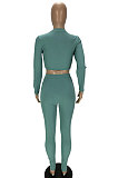 Cyan Green Simple New Ribber Long Sleeve Zipper Tops Skinny Pants Slim Fitting Suit WJ5229-1