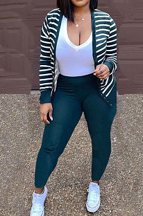 Dark Green Fashion Striple Single-Breasted Cardigan Pencil Pants Casual Two-Piece WJ5230-2
