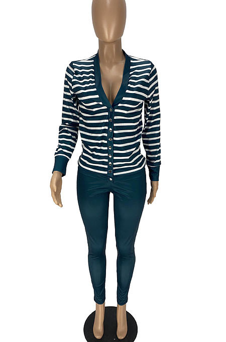 Dark Green Fashion Striple Single-Breasted Cardigan Pencil Pants Casual Two-Piece WJ5230-2