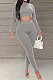 Grey Simple New Ribber Long Sleeve Zipper Tops Skinny Pants Slim Fitting Suit WJ5229-3