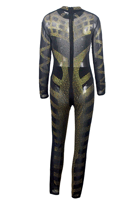 Sexy Beadded Mesh Bodycon Long Sleeve Jumpsuit in Black