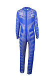 Sexy Beadded Mesh Bodycon Long Sleeve Jumpsuit in Blue