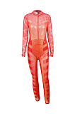 Sexy Beadded Mesh Bodycon Long Sleeve Jumpsuit in Red