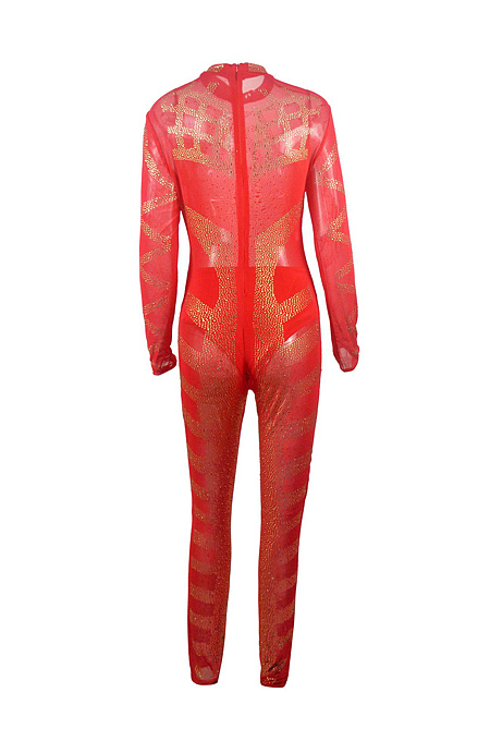 Sexy Beadded Mesh Bodycon Long Sleeve Jumpsuit in Red