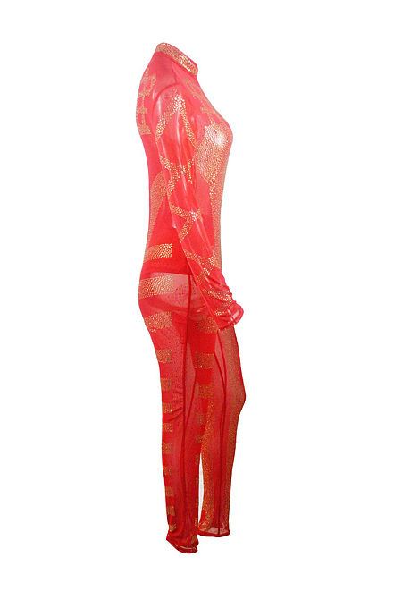 Sexy Beadded Mesh Bodycon Long Sleeve Jumpsuit in Red