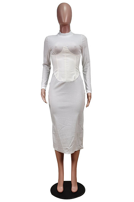 Black Fashion New Pu Leather Spliced Long Sleeve Collect Waist  Bodycon Dress WY6860-2
