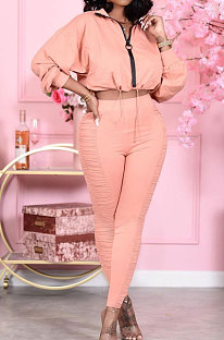 Light Pink Women's Pure Color Zipper Ruffle Casual Pants Sets JR3584-3