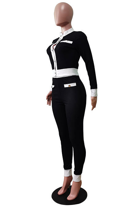 Ligth Blue Women's Ribber Round Neck Front Button Tops Skinny Pants Fashion Suit WY6863-2