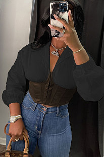 Black Fashion Pu Leather Spliced Zipper Collect Waist Tops WY6865-2