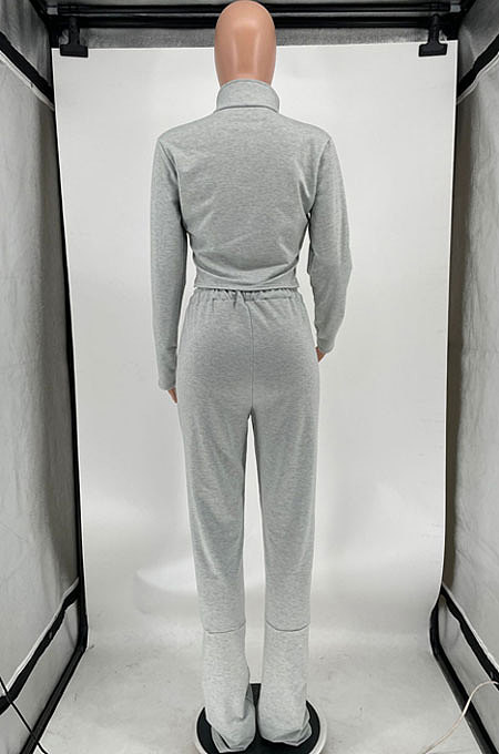 Dark Blue Women's Solid Color Zipper Stand Collar Ruffle Pants Sets AMW8359-6