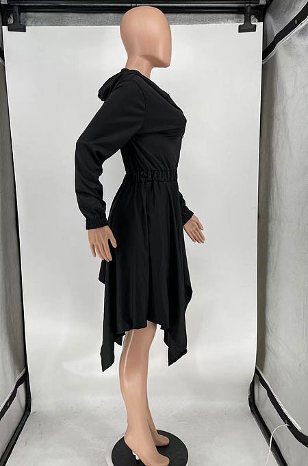 Black Women's Pure Color V Collar Long Sleeve Zipper Irregular Mid Waist Midi Dress AMW8360-3